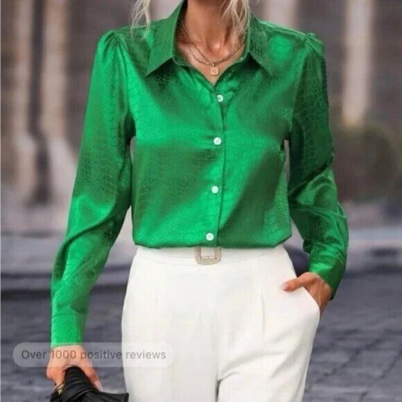 Tops - Green Classic  Jacquard Puff Sleeve Shirt